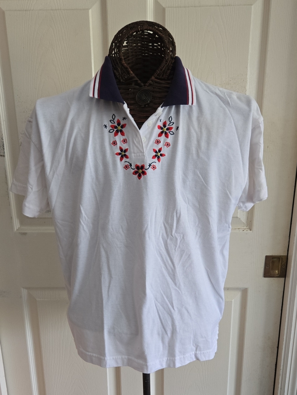 Bold Spirit White Polo with Navy Collar and Red Floral Embroidery-Size PL